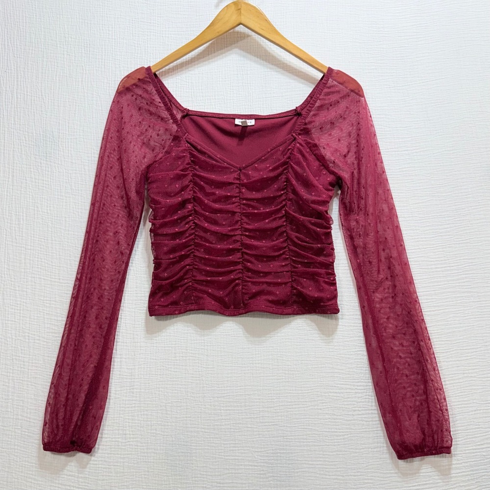 SELFIE Ruched Mesh Crop Top Womens S Burgundy Long‎ Sleeve V-Neck Ethereal